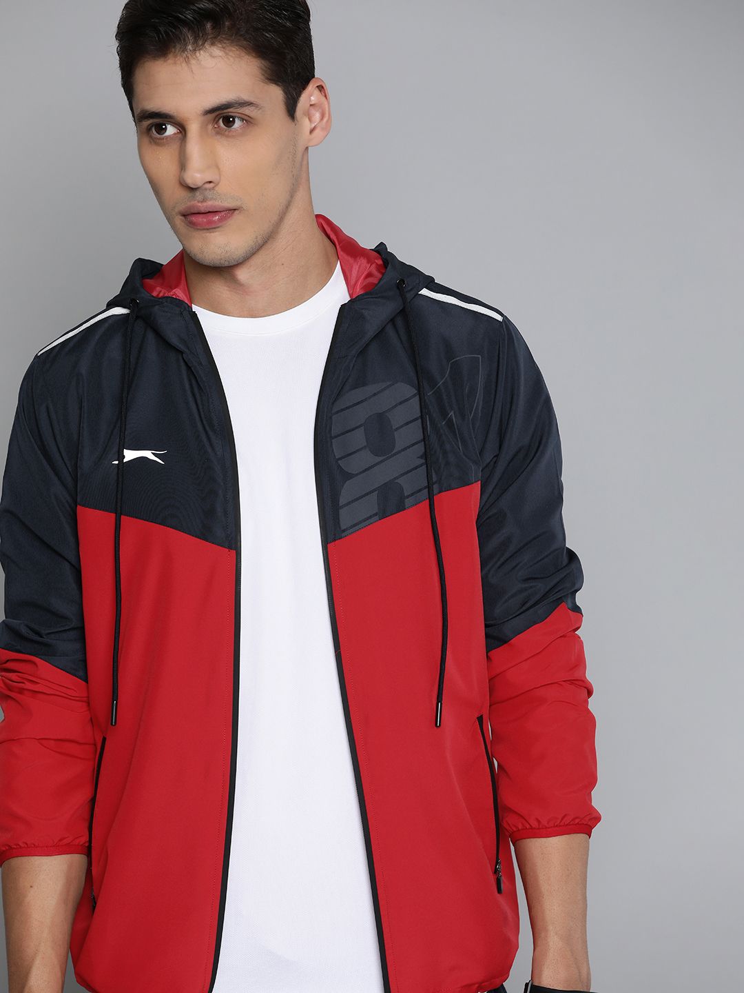 Slazenger Men Red & Navy Blue Colourblocked Reflective Strip Running Rapid-Dry Jacket