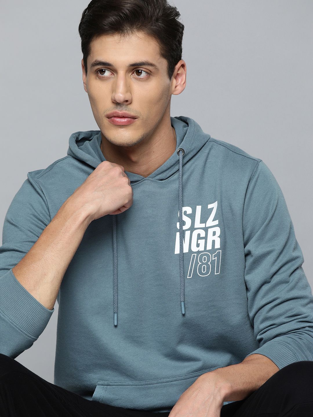 Slazenger Men Blue & White Printed Hooded Sweatshirt