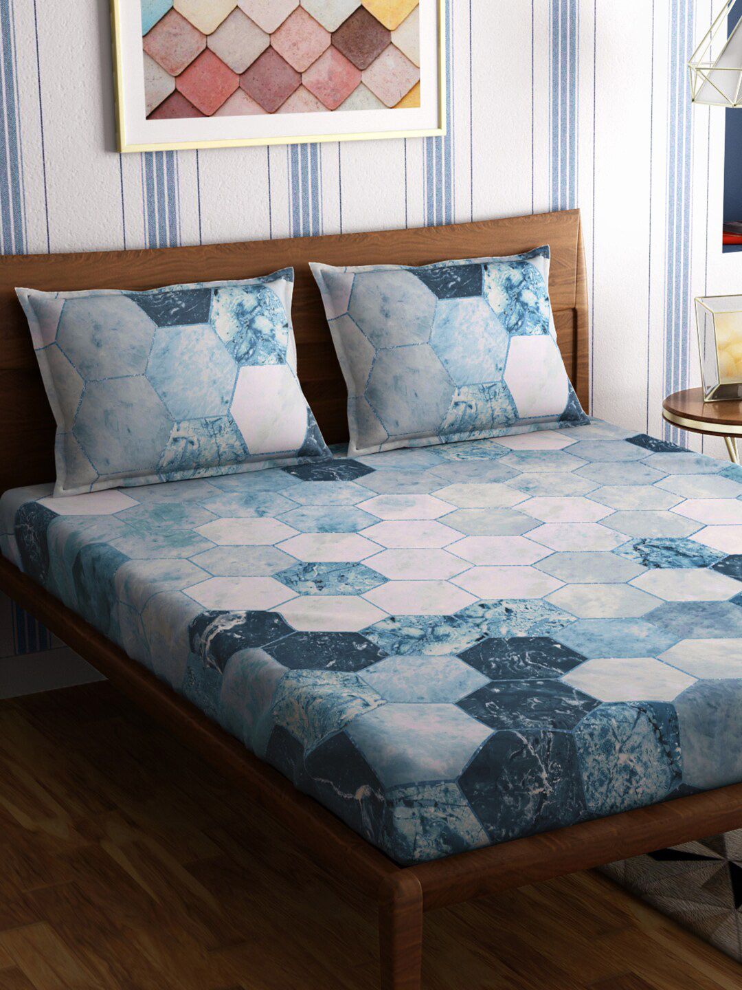 PETAL HOME Blue & White Geometric 300 TC Queen Bedsheet with 2 Pillow Covers Price in India
