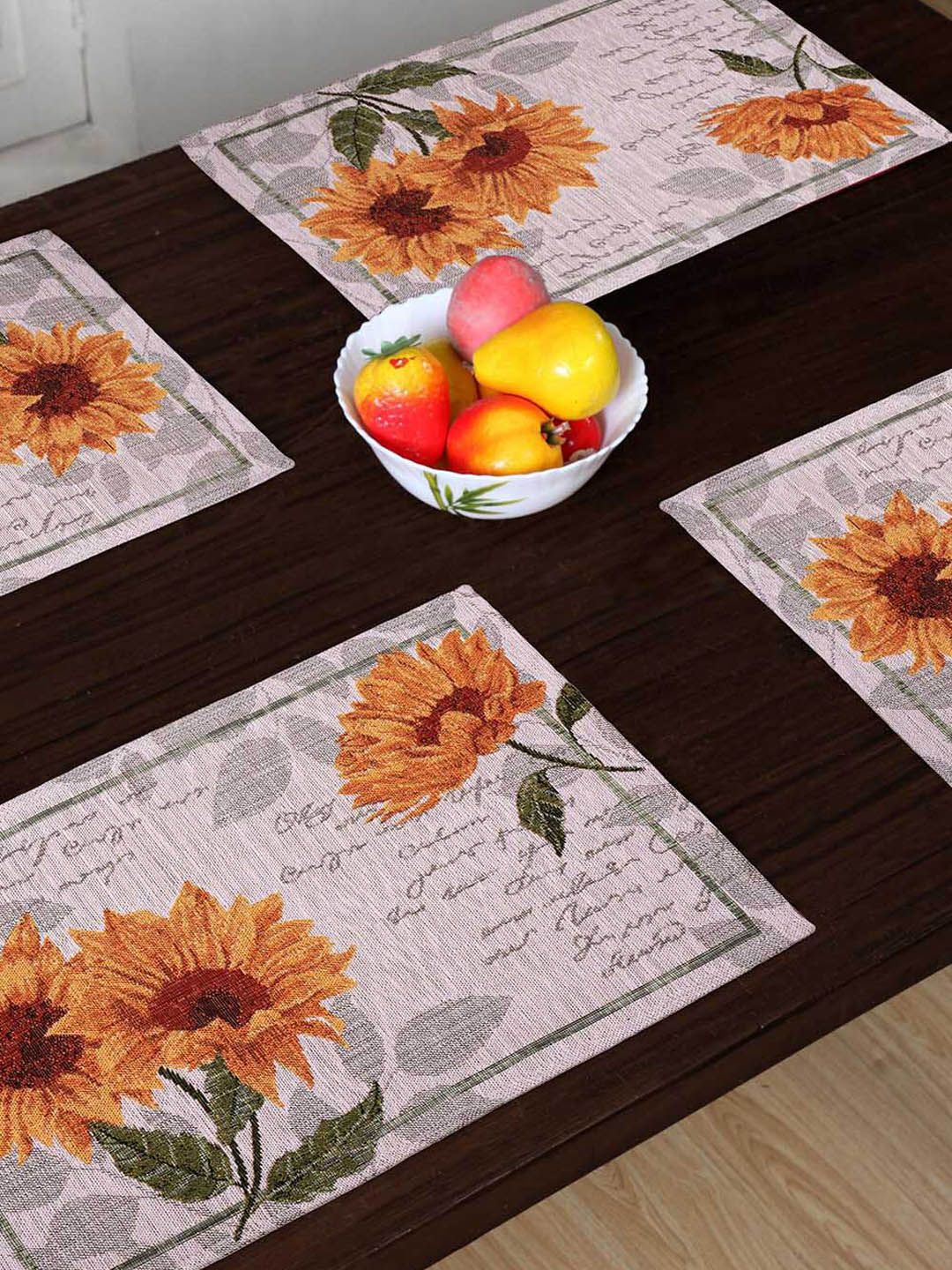 Avi Living Set of 4 Beige Polycotton Jacquard Woven Sunflower Table Mats Price in India