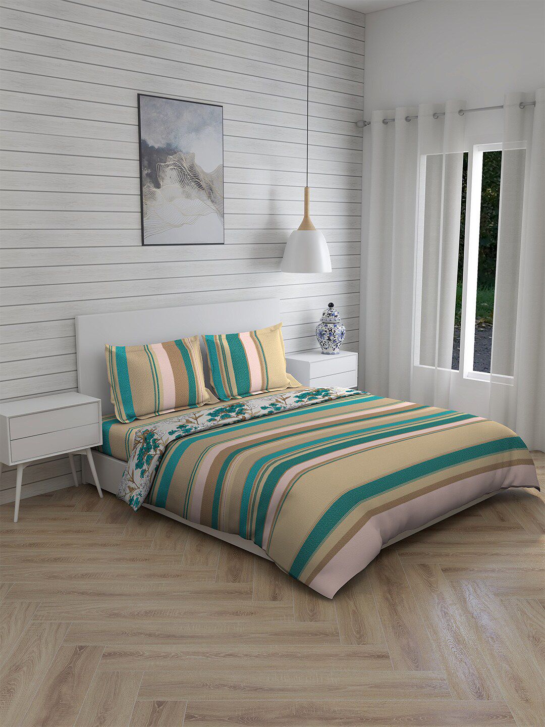 Layers Blue & Beige Striped Double King Bedding Set Price in India