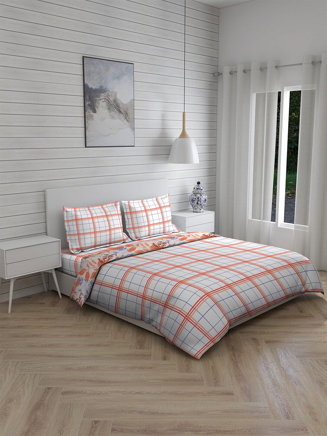 Layers Orange & White Checked Pure Cotton 146 TC Double King 4-Piece Bedding Set Price in India
