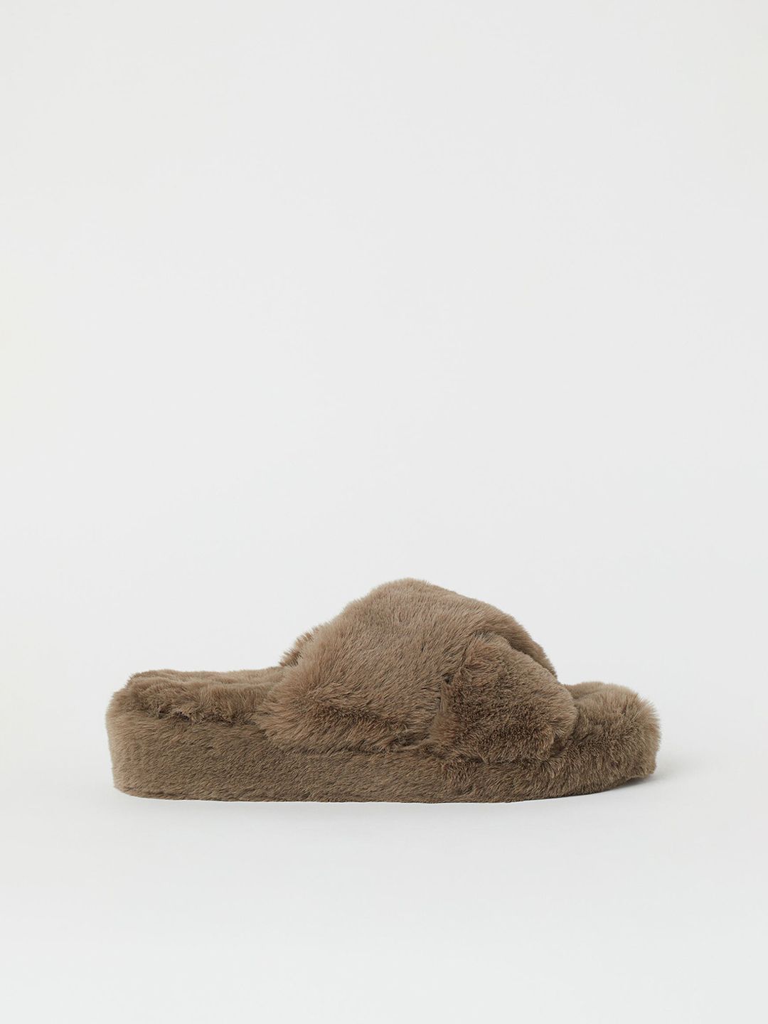 H&M Women Brown Solid Faux Fur Sliders Price in India