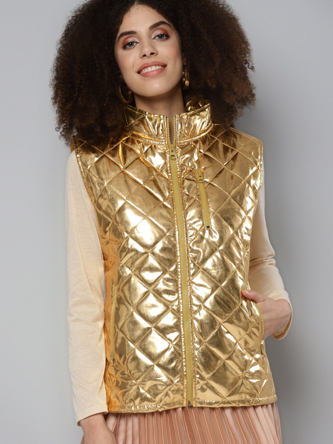 SASSAFRAS Women Gold-Toned Quilted Jacket Price in India