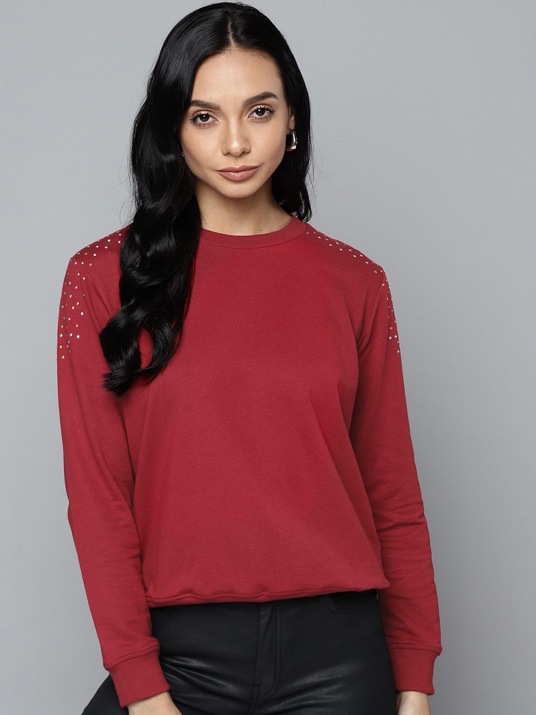 SASSAFRAS Women Maroon Shoulder Studded Terry Sweatshirt Price in India