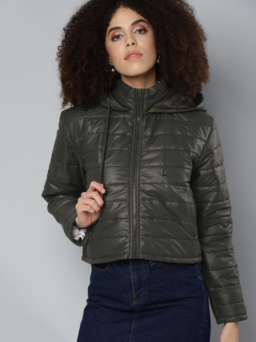 SASSAFRAS Women Olive Green Padded Jacket Price in India