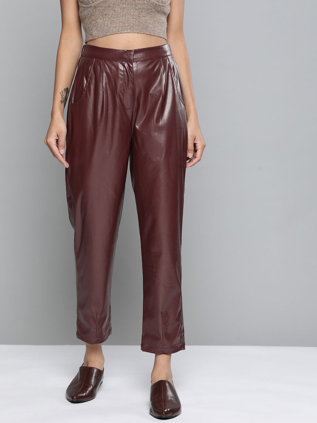SASSAFRAS Women Burgundy Tapered Fit High-Rise Pleated Trousers Price in India