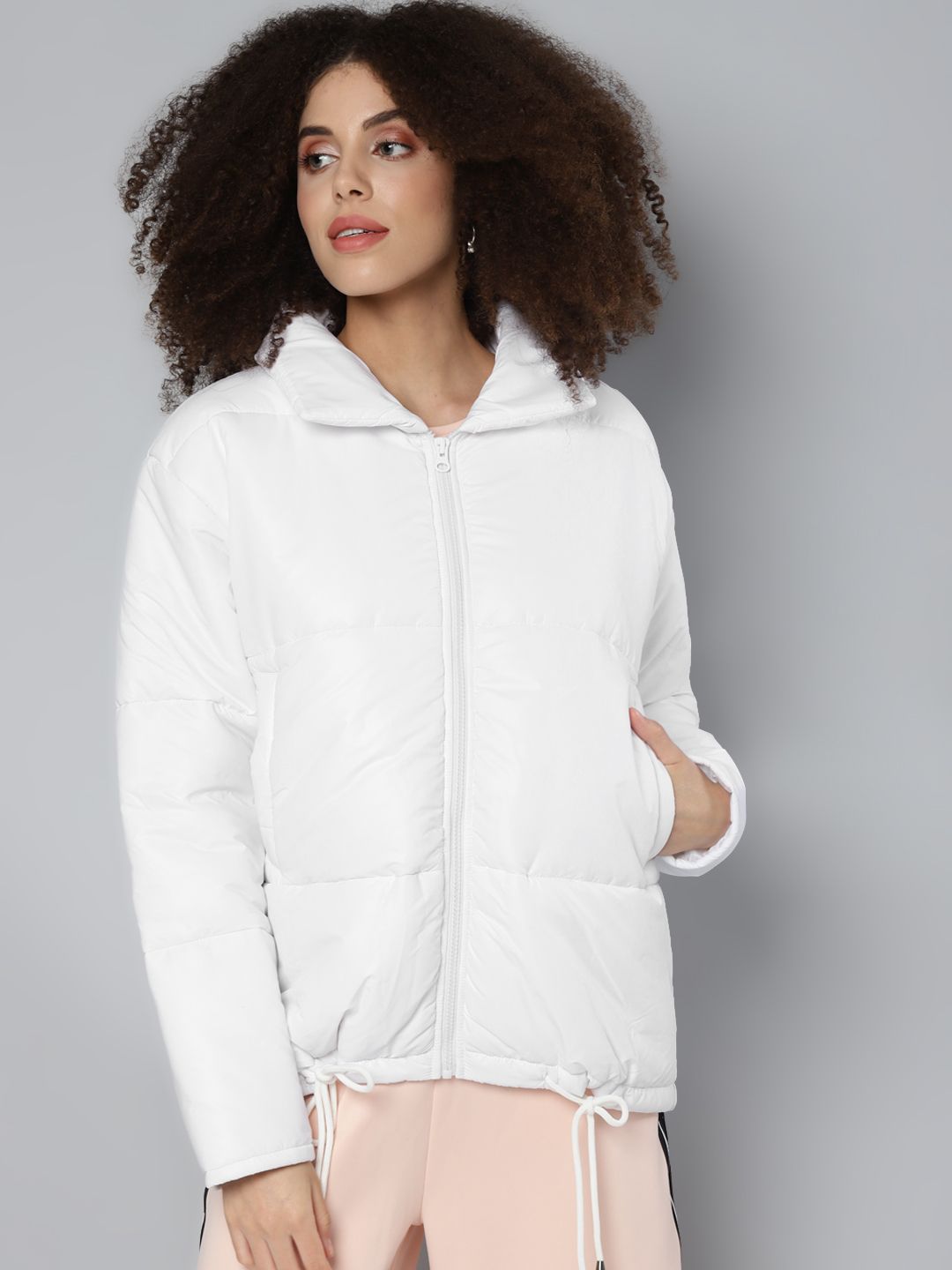 SASSAFRAS Women White Solid Oversized Quilted Jacket Price in India