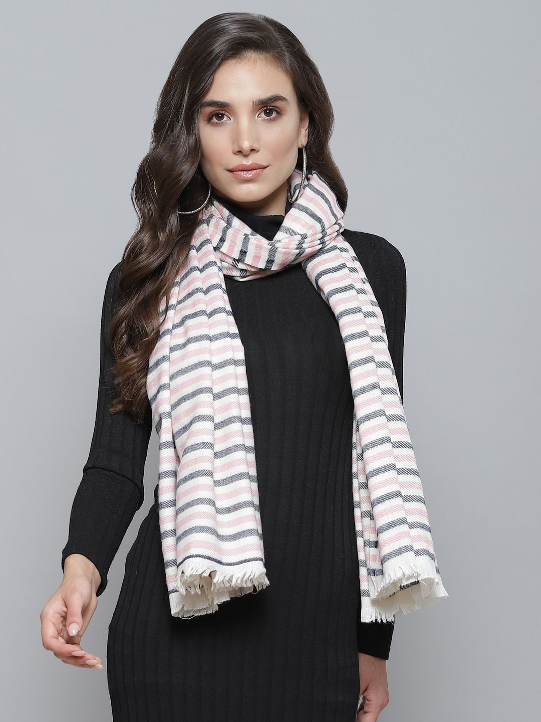 SASSAFRAS Women Pink & Navy Blue Striped Stole Price in India