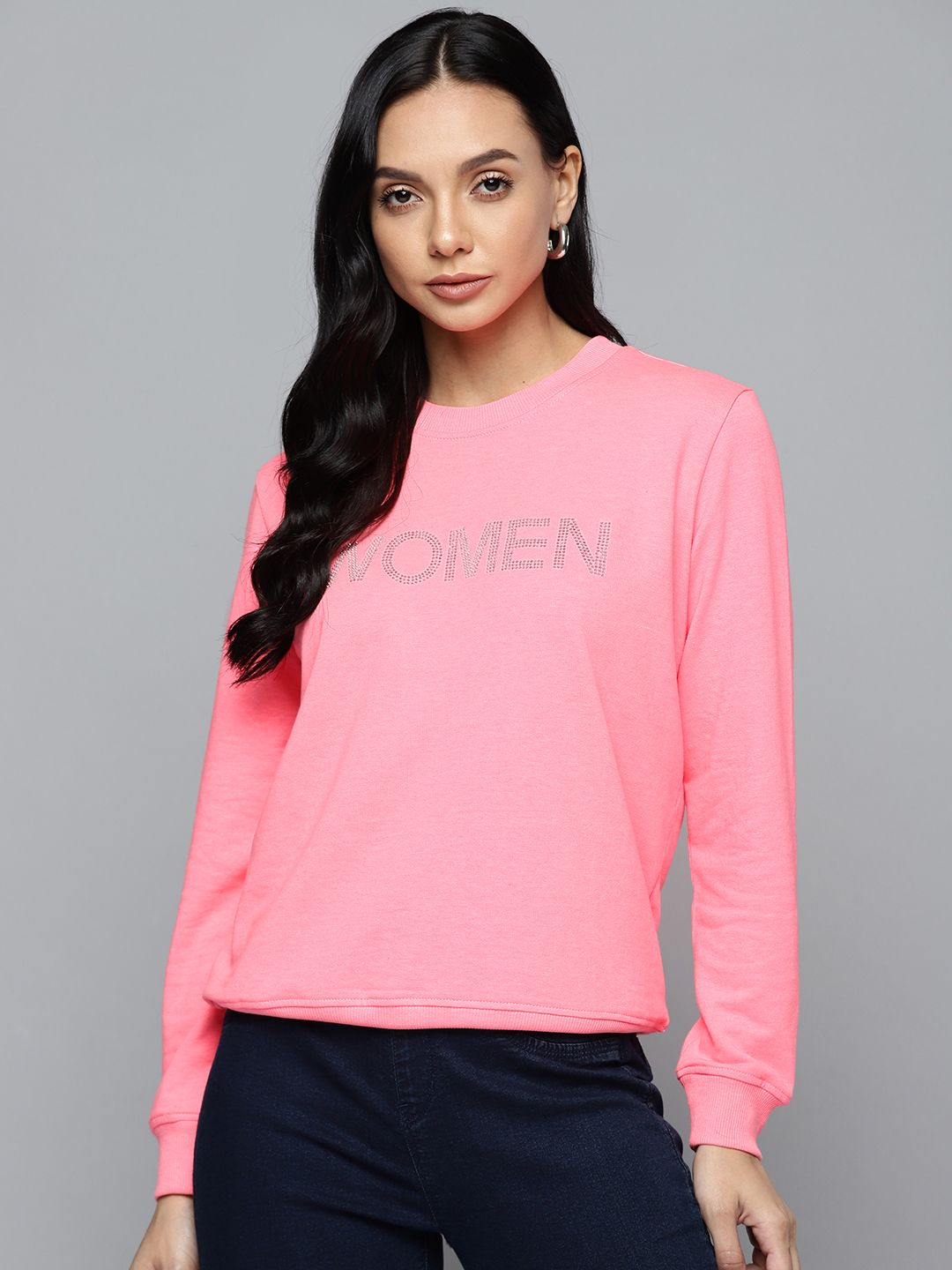 SASSAFRAS Women Pink Studded Terry Sweatshirt Price in India