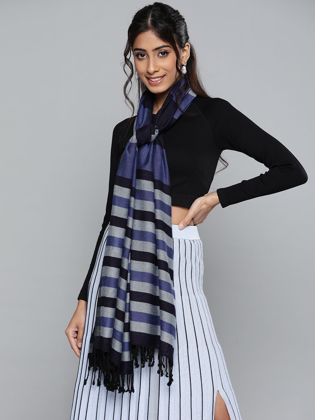 SASSAFRAS Women Blue & Grey Striped Stole Price in India