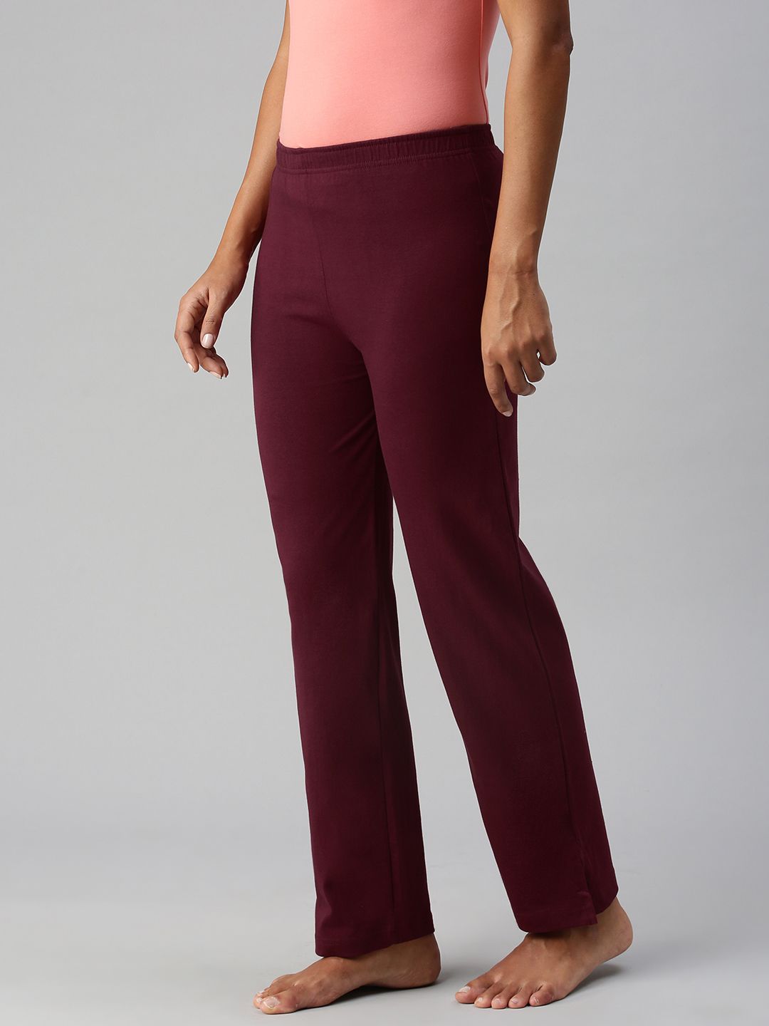 NOT YET by us Women Maroon Solid Mid Rise Cotton Lounge Pants Price in India