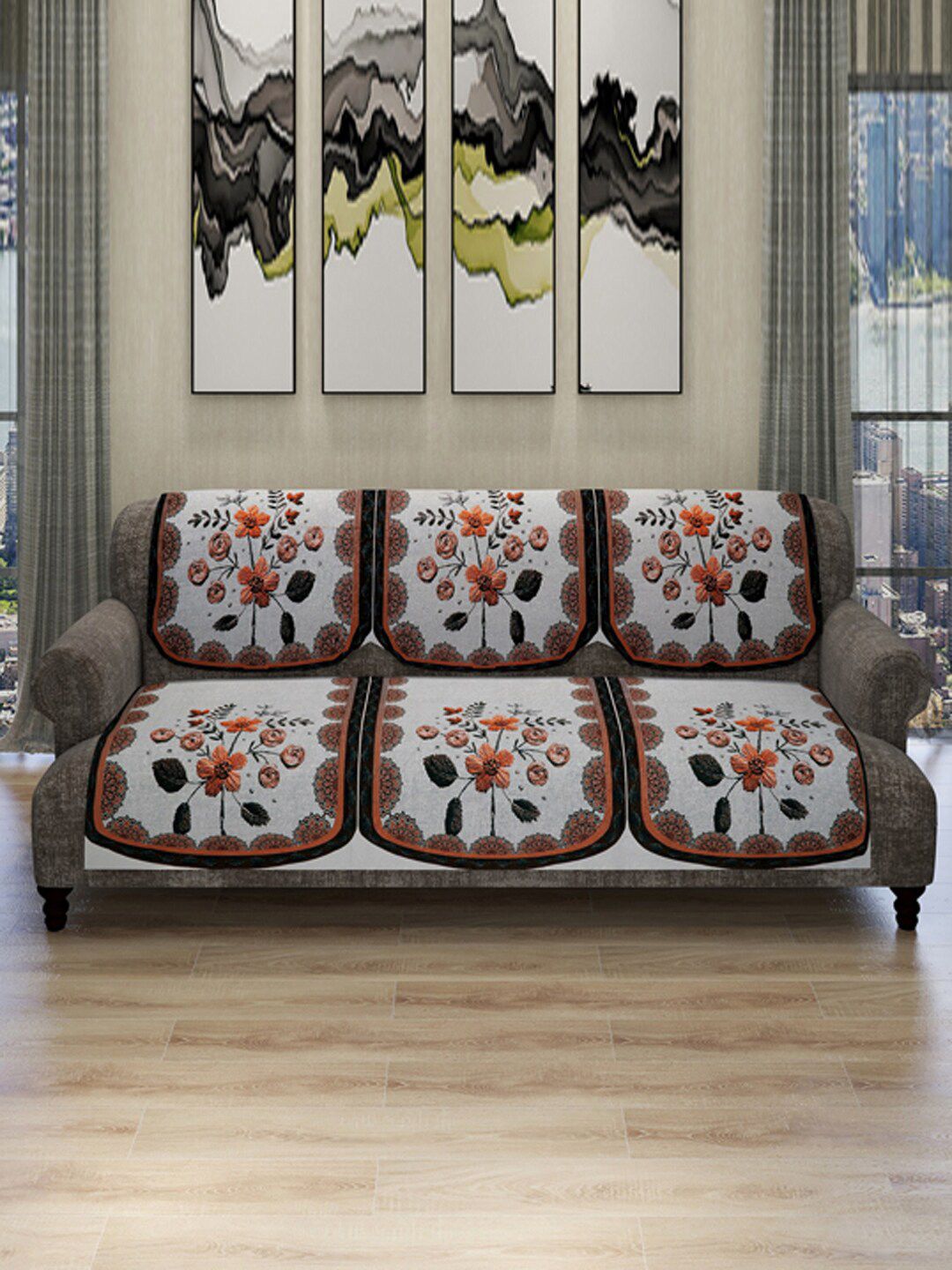 ROMEE 6 Pieces Silver-Toned Floral Printed 5-Seater Sofa Cover Price in India