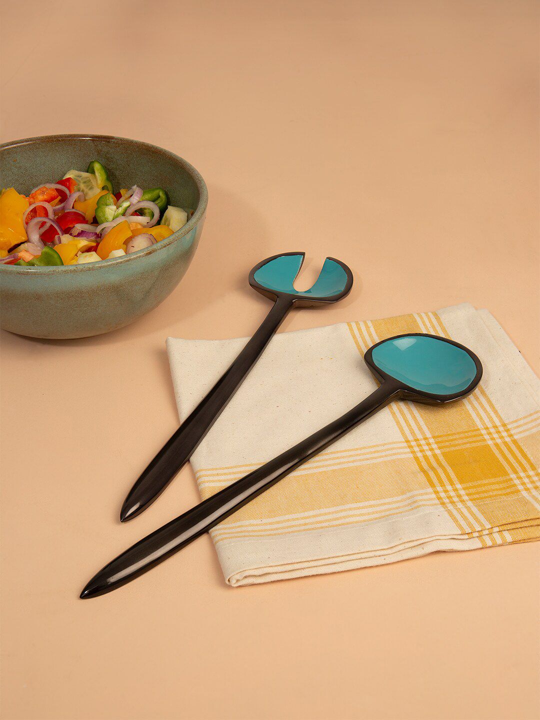 ellementry Set Of 2 Teal Green & Black Metal & Enamel Fusion Salad Servers Price in India