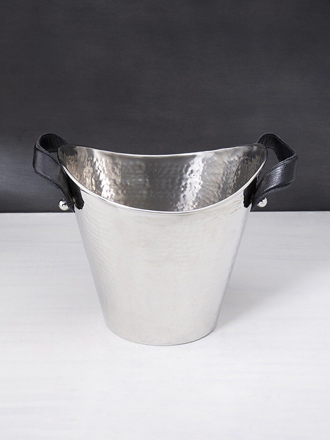 ellementry Silver-Toned Hammered Metal Wine Cooler With Leather Handles Price in India