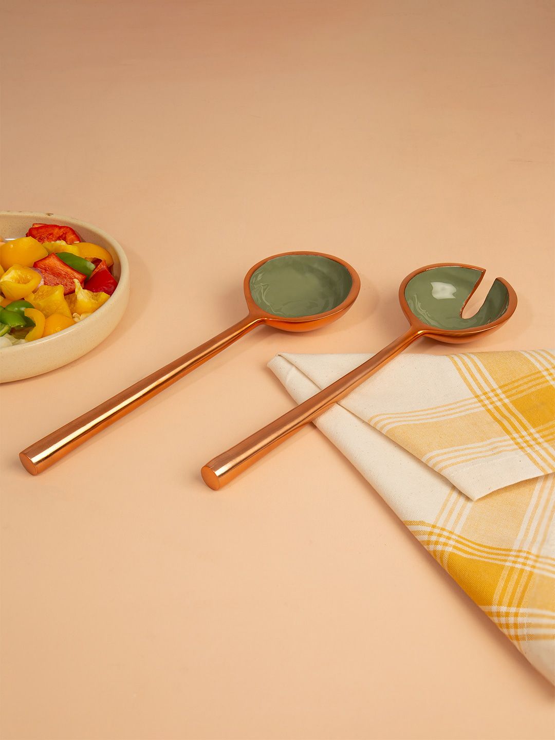 ellementry Green & Copper-Toned 2 Pieces Metal & Enamel Fusion Salad Spoons Price in India