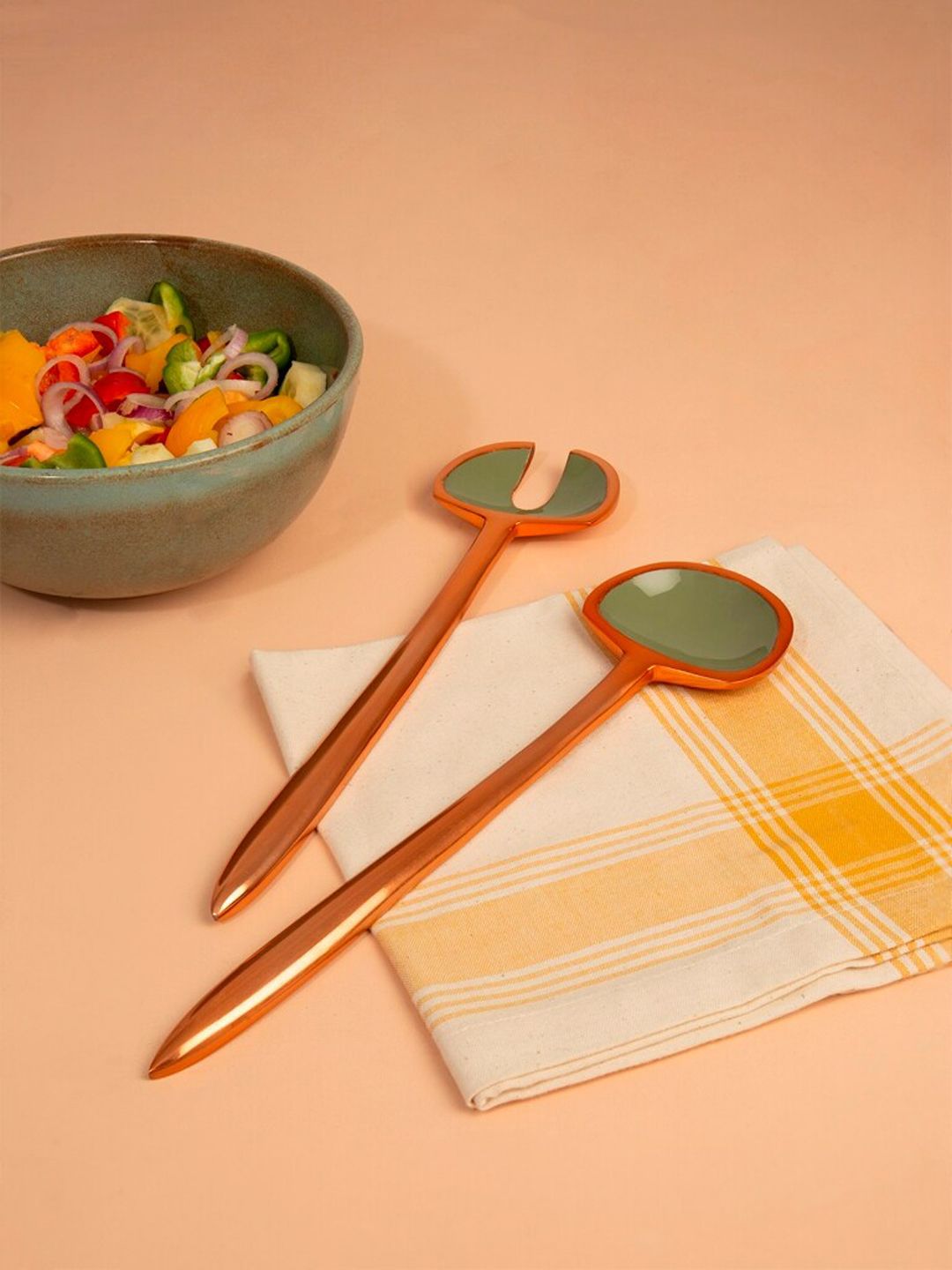 ellementry Set Of 2 Orange & Green Metal & Enamel Fusion Salad Servers Price in India