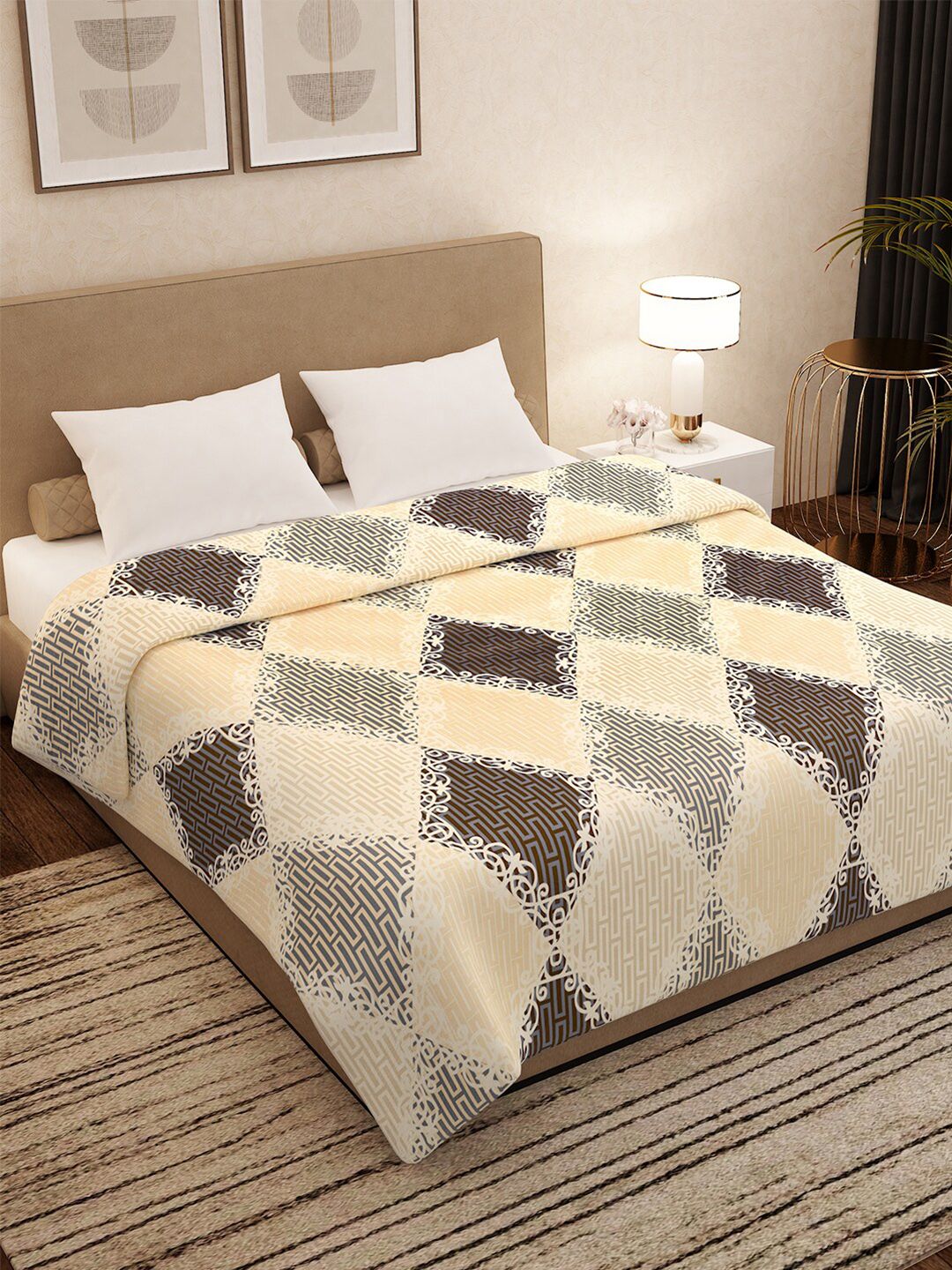 Story@home Brown & Yellow Geometric AC Room 300 GSM Double Bed Blanket Price in India