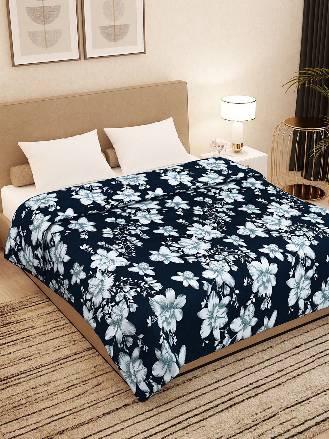 Story@home Navy Blue & White Floral AC Room 300 GSM Double Bed Blanket Price in India
