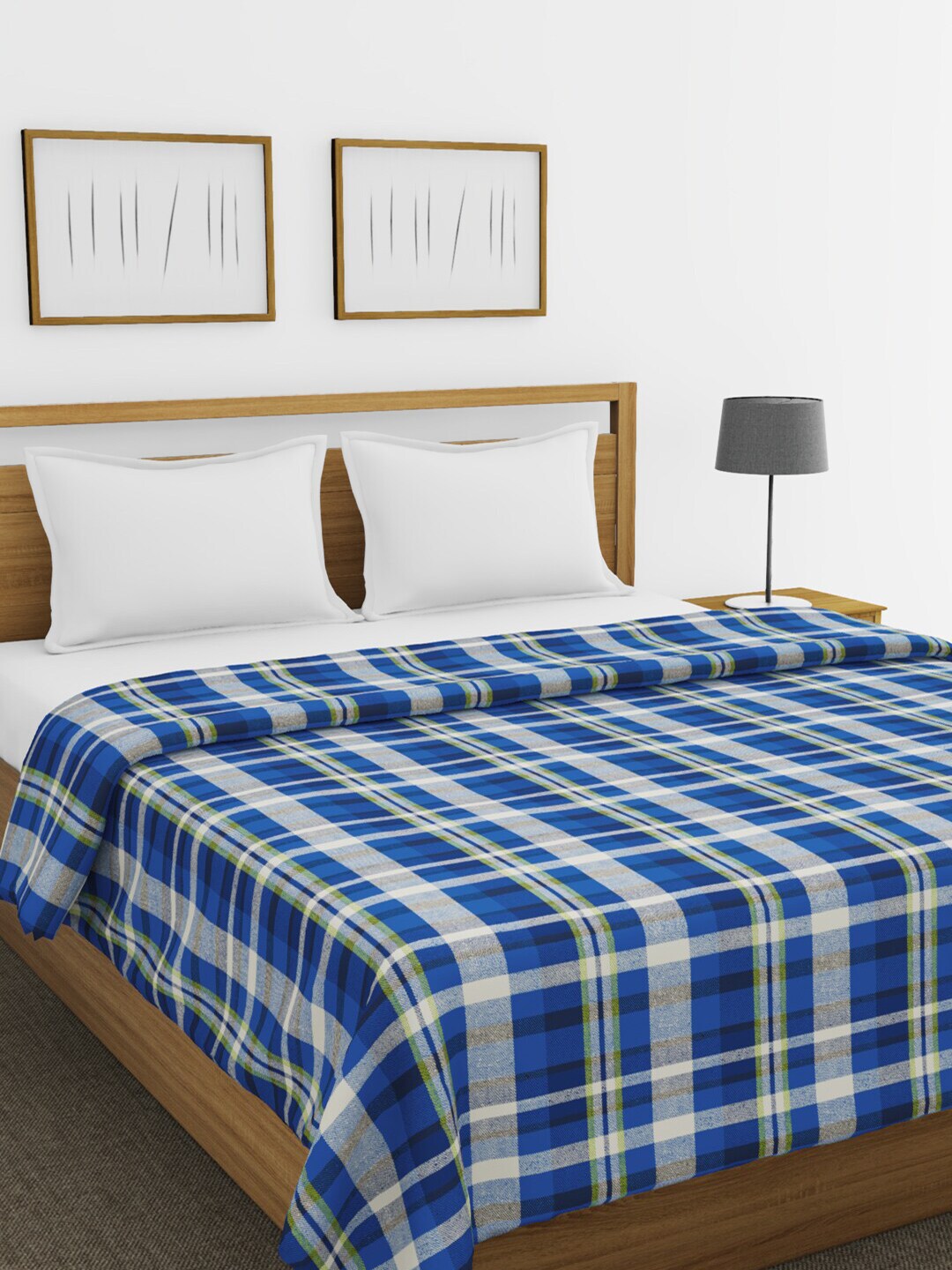 BIANCA Blue & Grey Checked AC Room 150 GSM Pure Cotton Double Bed Comforter Price in India