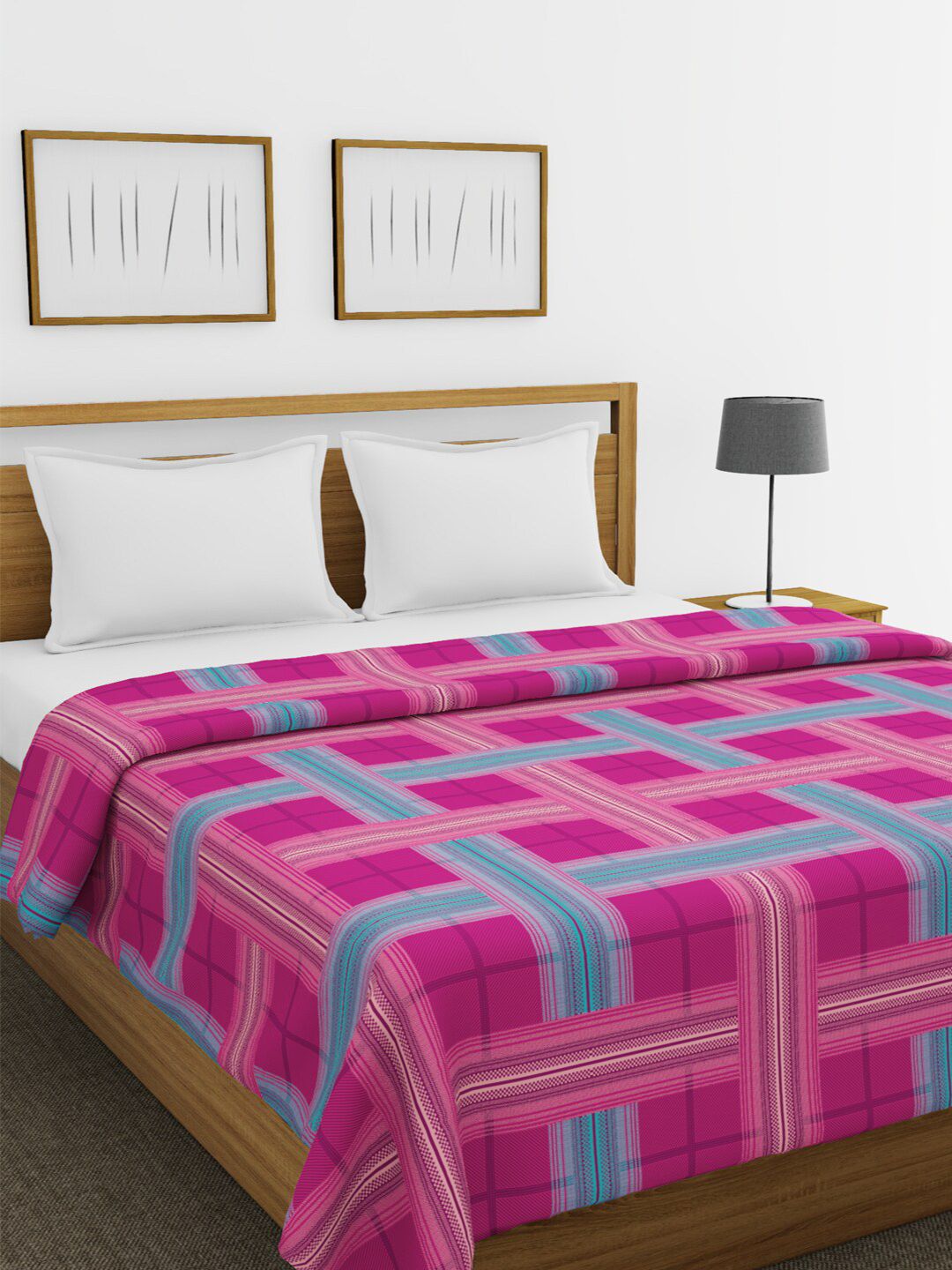 BIANCA Pink & Blue Checked AC Room 150 GSM Double Bed Comforter Price in India