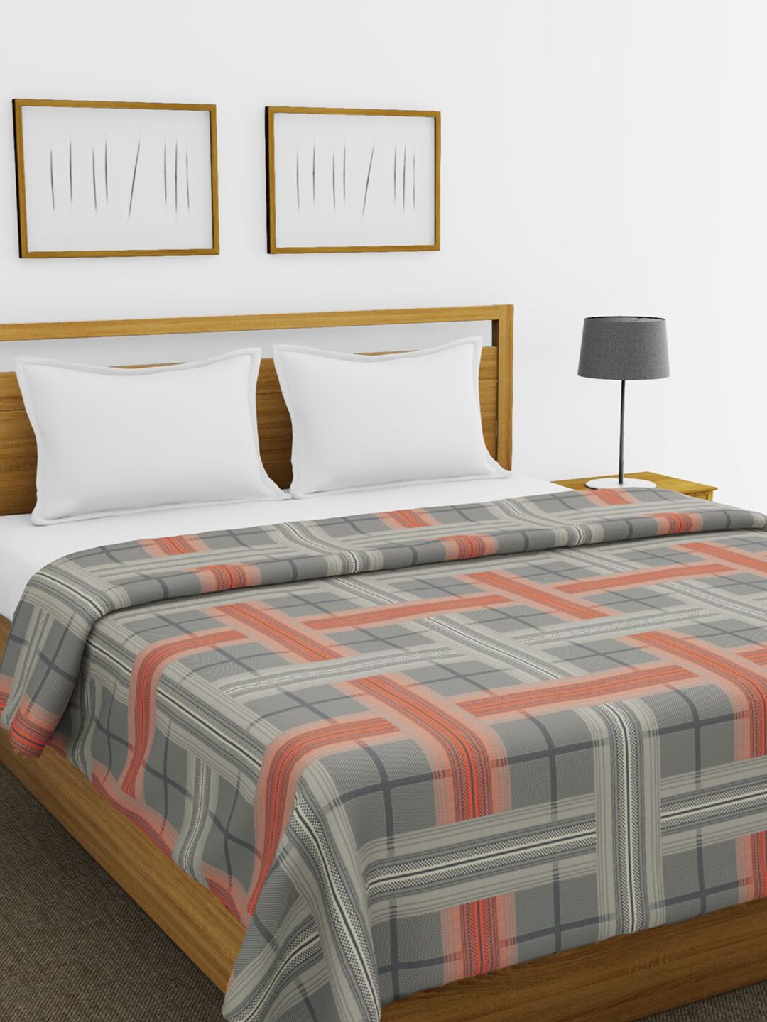 BIANCA Grey & Red Checked AC Room 150 GSM Pure Cotton Double Bed Comforter Price in India