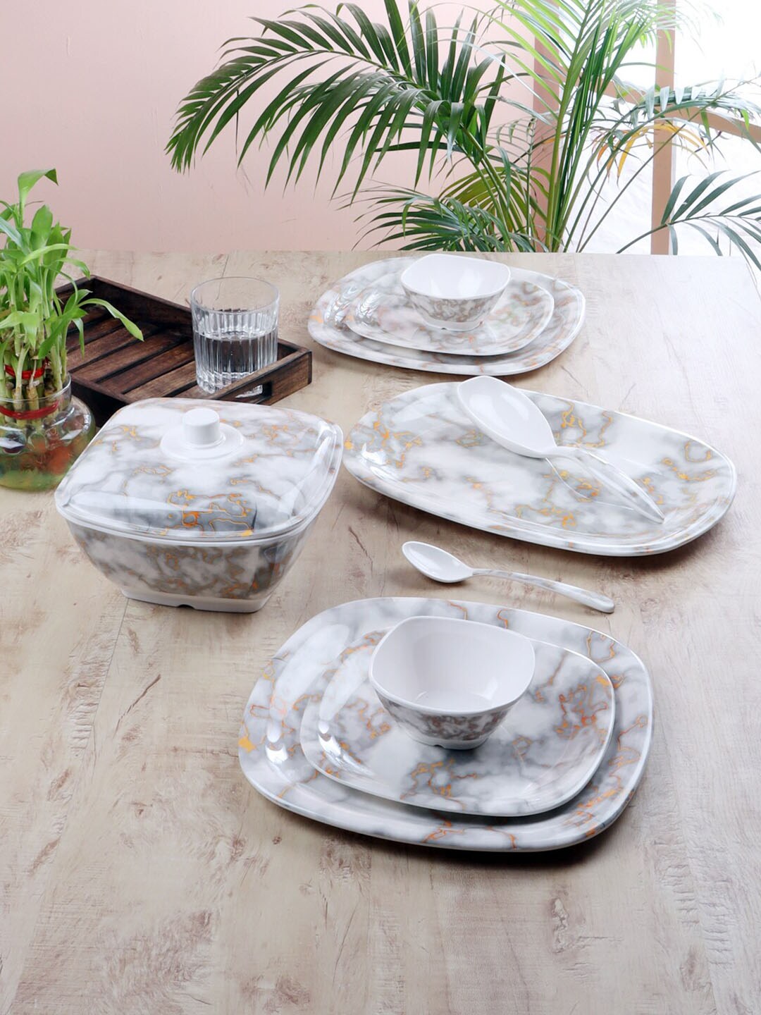CDI 40 Pcs White & Grey Pieces Printed Melamine Glossy Dinner Set Price in India