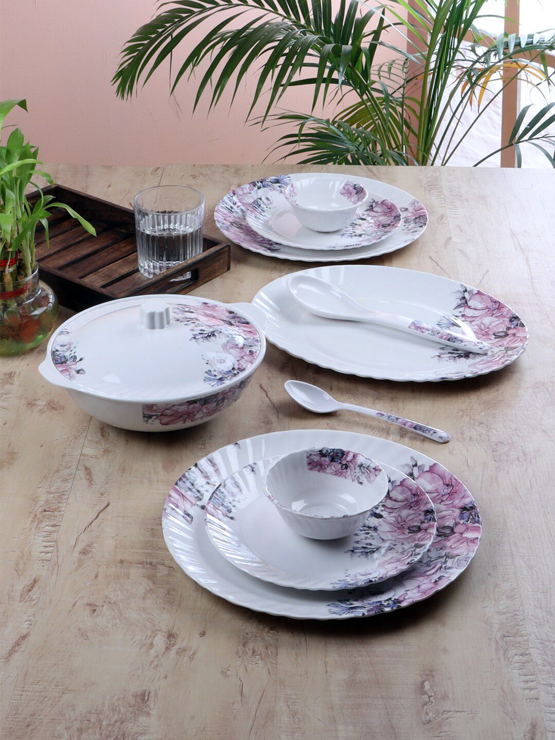 CDI 40 Pcs White & Purple Pieces Printed Melamine Glossy Dinner Set Price in India