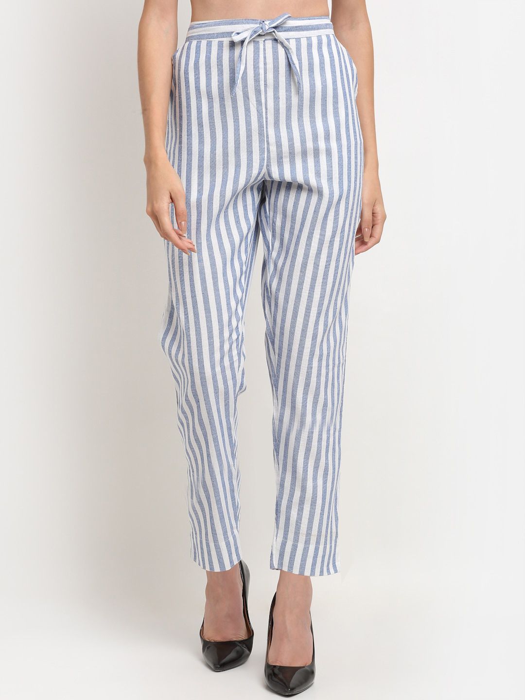 TAG 7 Women Blue Striped Straight Fit Trousers Price in India
