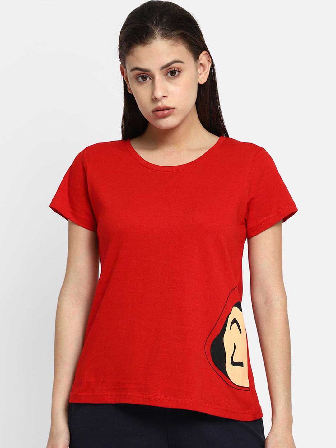 Clovia Women Red & Beige Graphic Printed Cotton Lounge T-Shirt Price in India