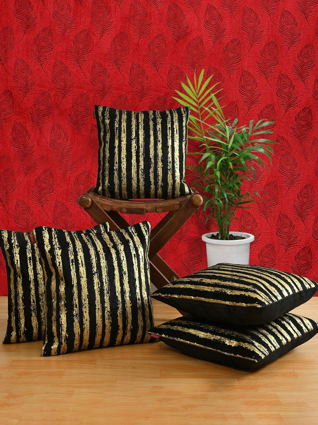 AEROHAVEN Black & Gold-Toned Set of 5 Striped Velvet Square Cushion Covers Price in India