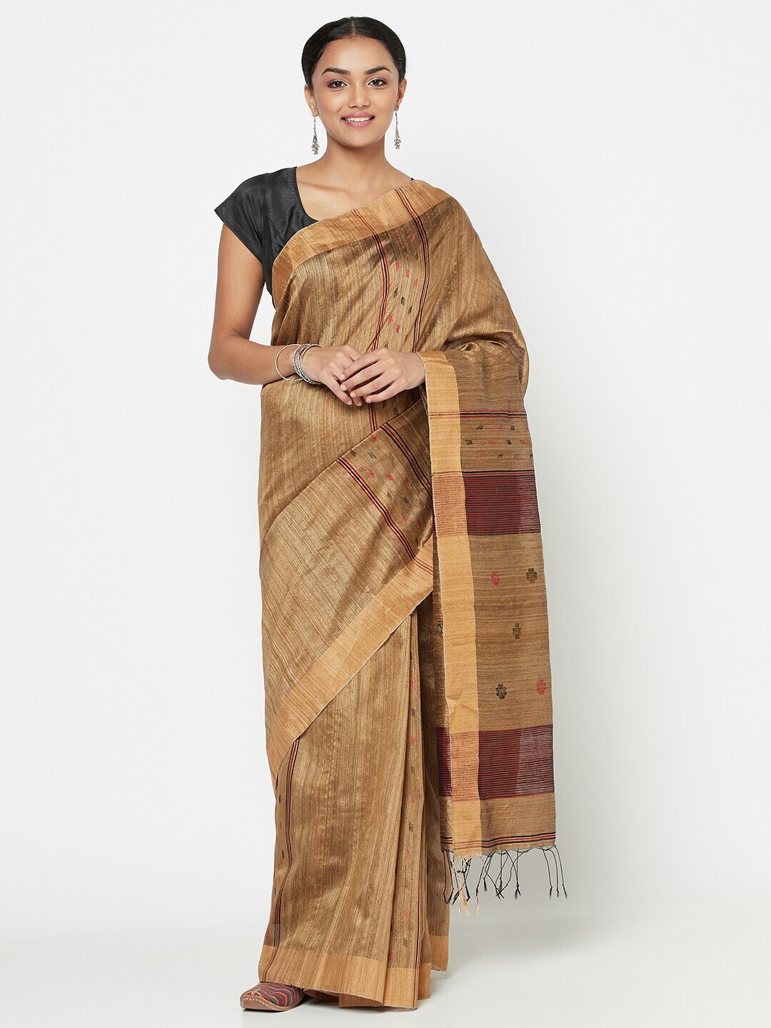 Fabindia Beige & Brown Striped Silk Blend Jamdani Saree Price in India