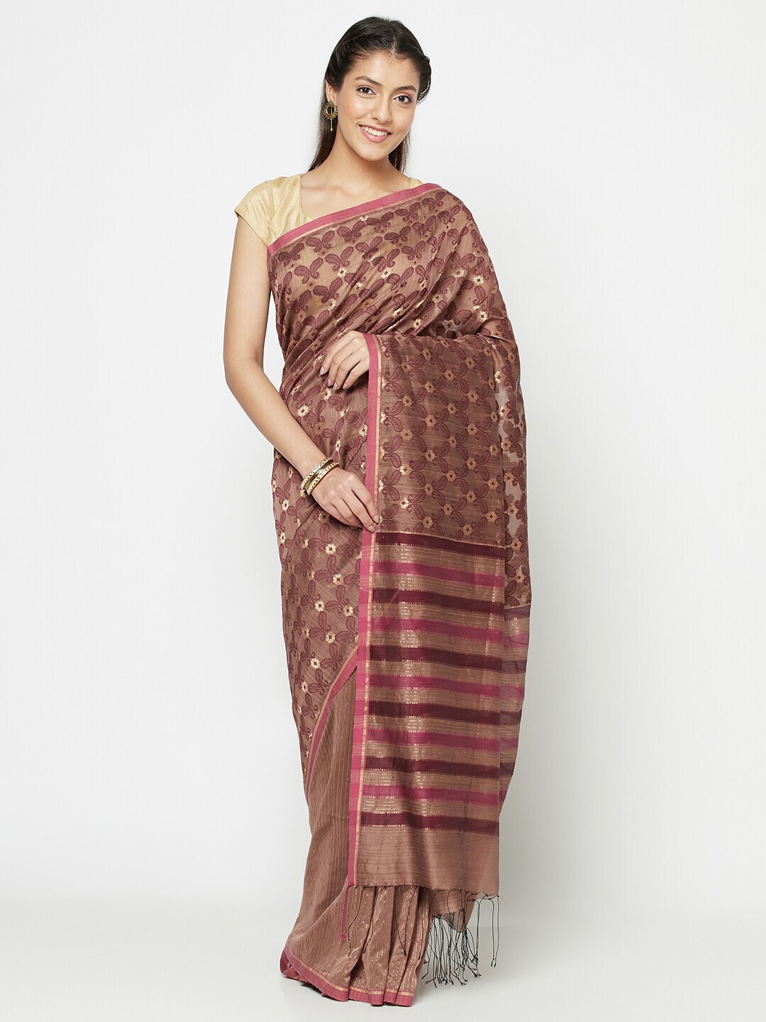 Fabindia Purple & Brown Woven Design Saree Price in India