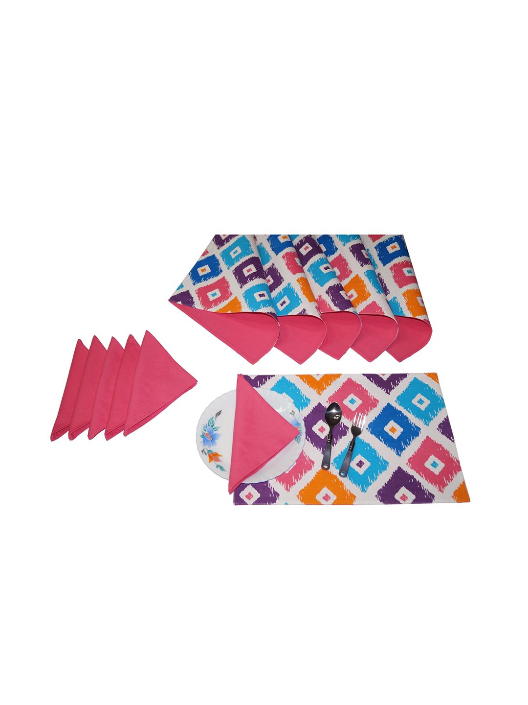 Lushomes Pack of 6 Square Print Reversible Cotton Mats & 6 Plain Cotton Napkins Price in India