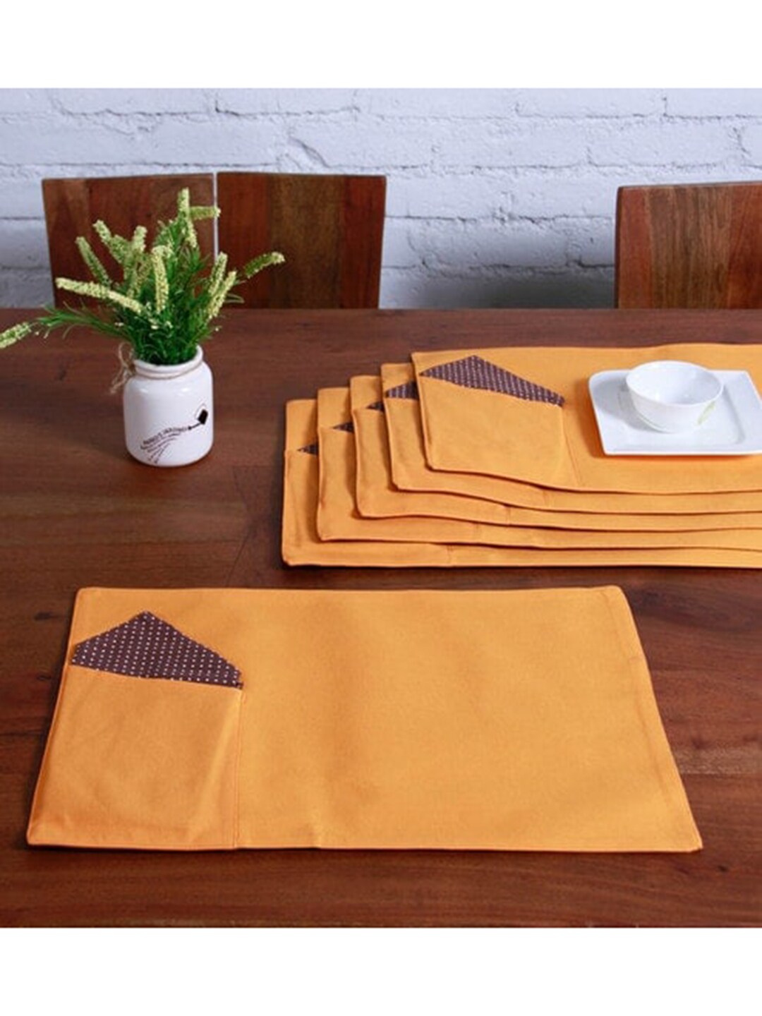 Lushomes Set Of 12 Orange & Brown Reversible Rectangle Table Placemats & Napkins Price in India