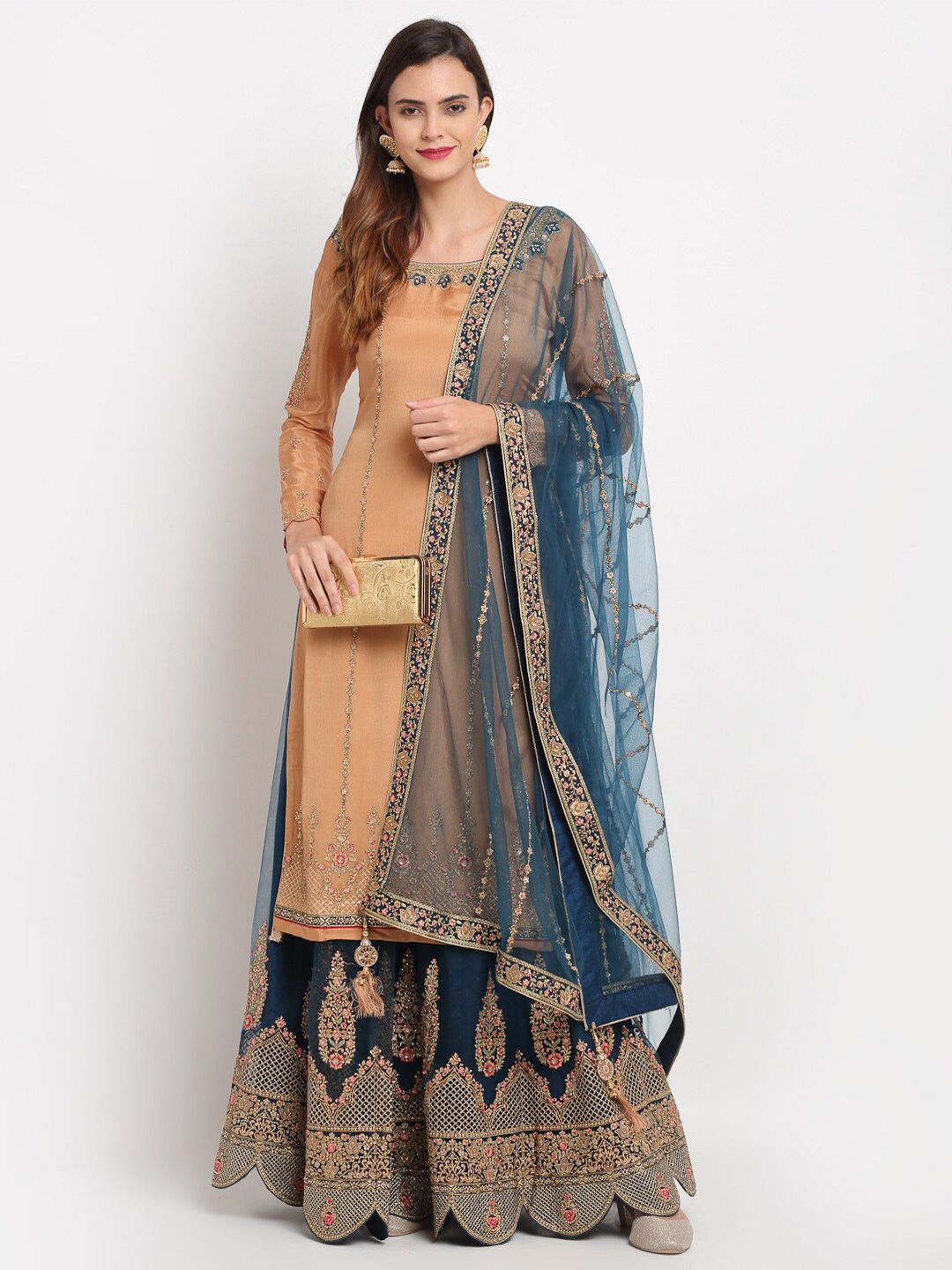 Stylee LIFESTYLE Beige & Teal Embroidered Semi-Stitched Dress Material Price in India