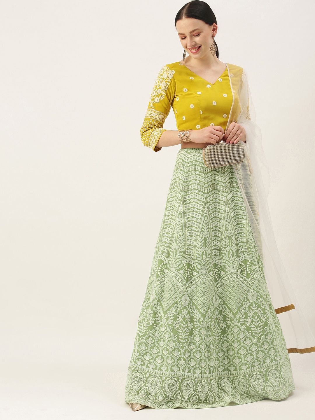 EthnoVogue Yellow & Green Embroidered Made to Measure Lehenga & Blouse With Dupatta Price in India