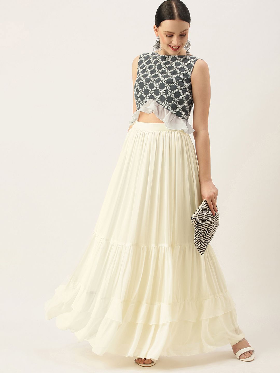 EthnoVogue Grey & White Embellished Made to Measure Lehenga & Blouse Price in India