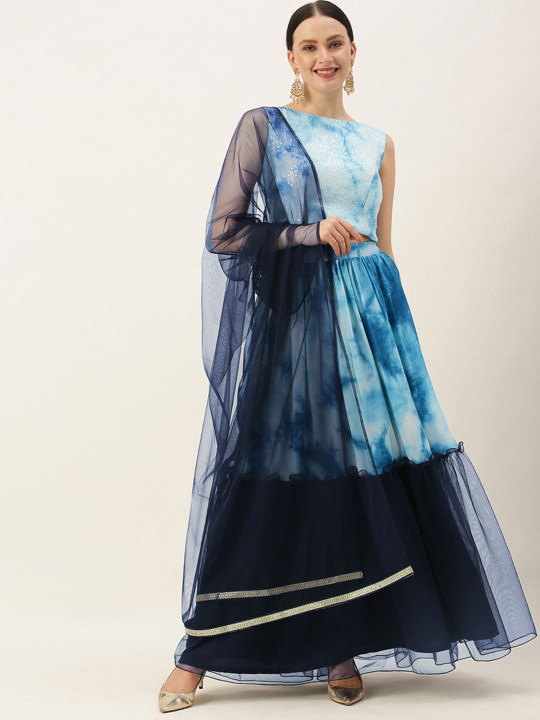 EthnoVogue Blue Printed Tie and Dye Made to Measure Lehenga & Blouse With Dupatta Price in India