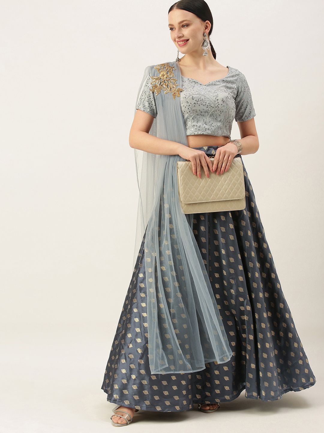 EthnoVogue Grey & Blue Embellished Made to Measure Lehenga & Blouse With Dupatta Price in India