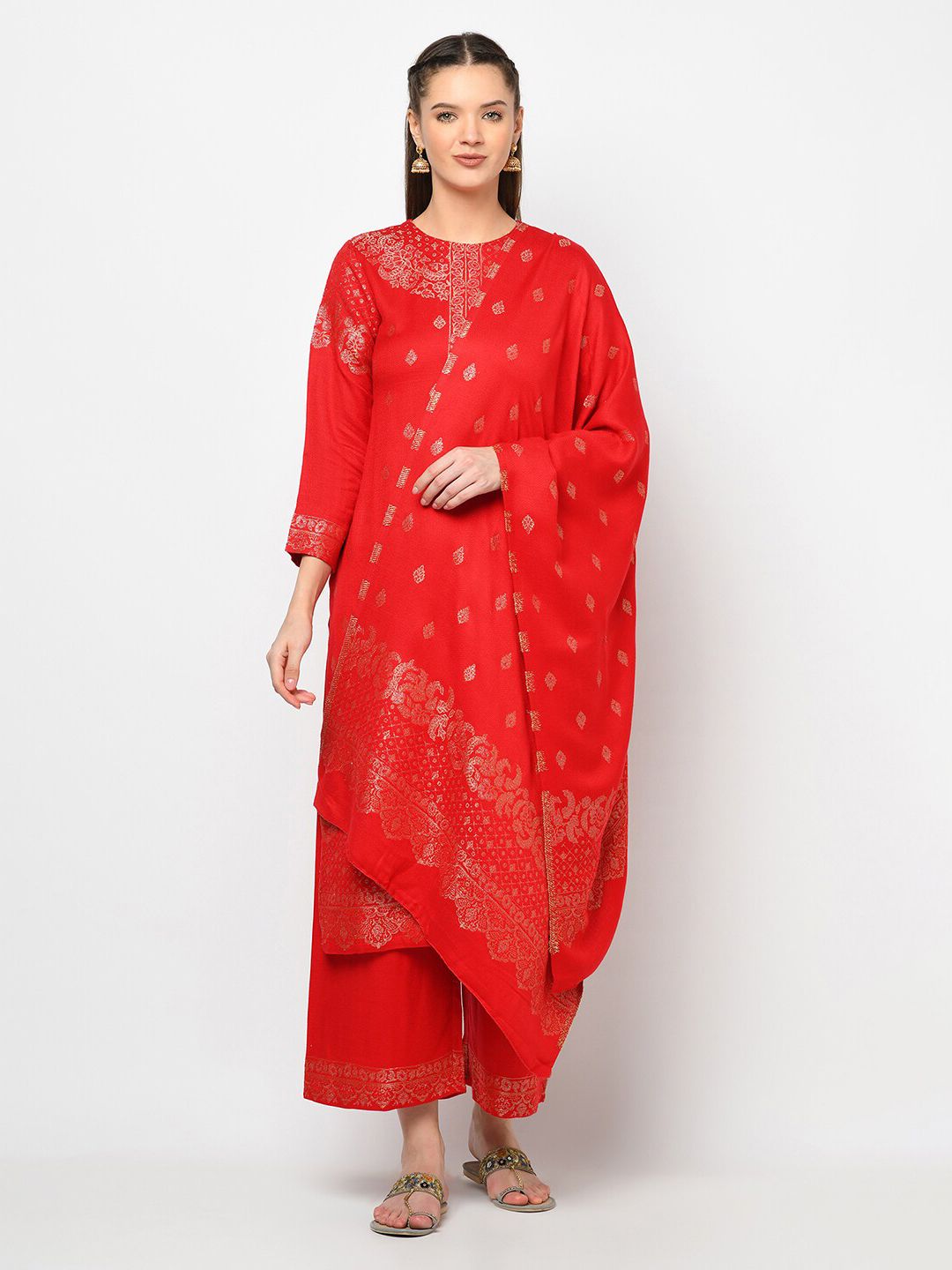 Safaa Red & Gold-Toned Woven Design Viscose Rayon Unstitched Dress Material Price in India