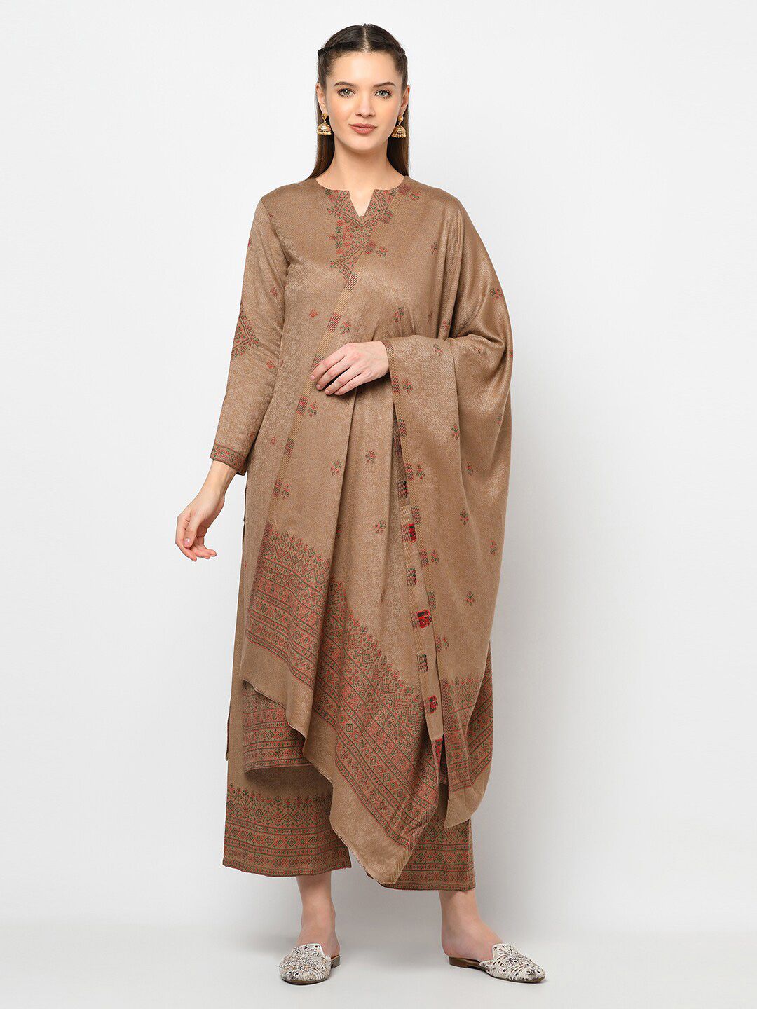 Safaa Brown & Red Acro Wool Woven Design Unstitched Dress Material Price in India