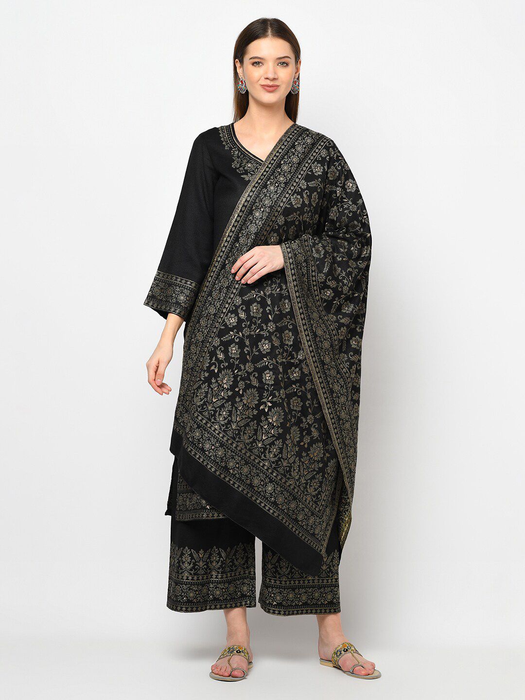 Safaa Black & Silver-Coloured Acro Wool Woven Unstitched Dress Material Price in India