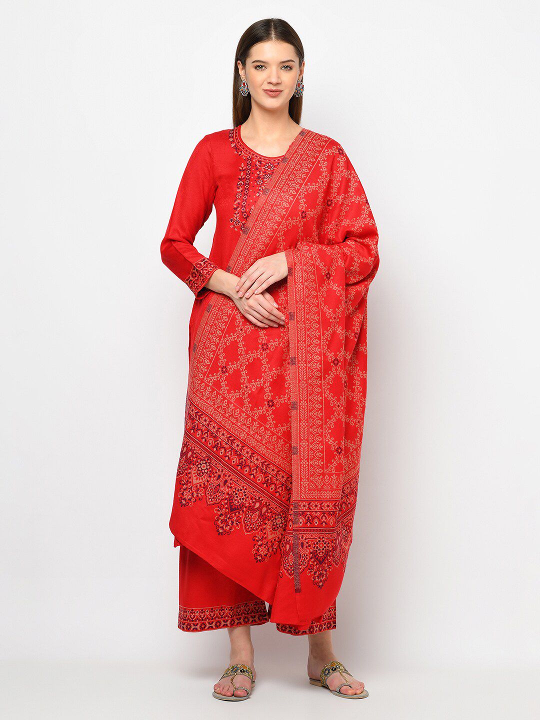 Safaa Red & Cream-Coloured Viscose Rayon Unstitched Dress Material Price in India