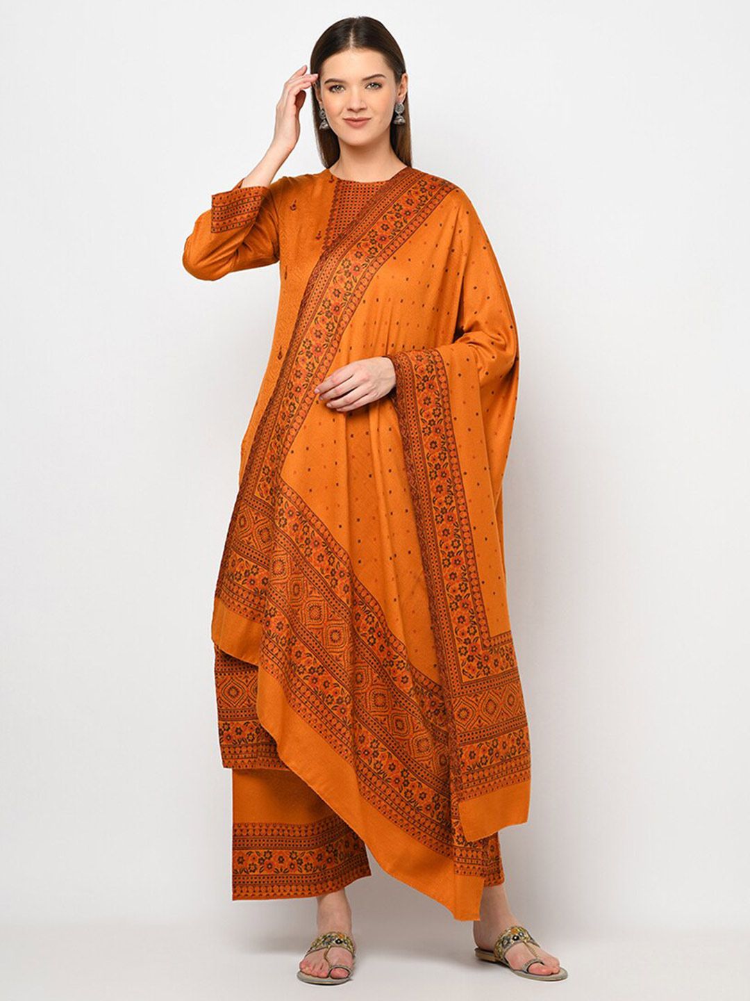 Safaa Mustard & Black Woven Design Acro Wool Unstitched Dress Material Price in India