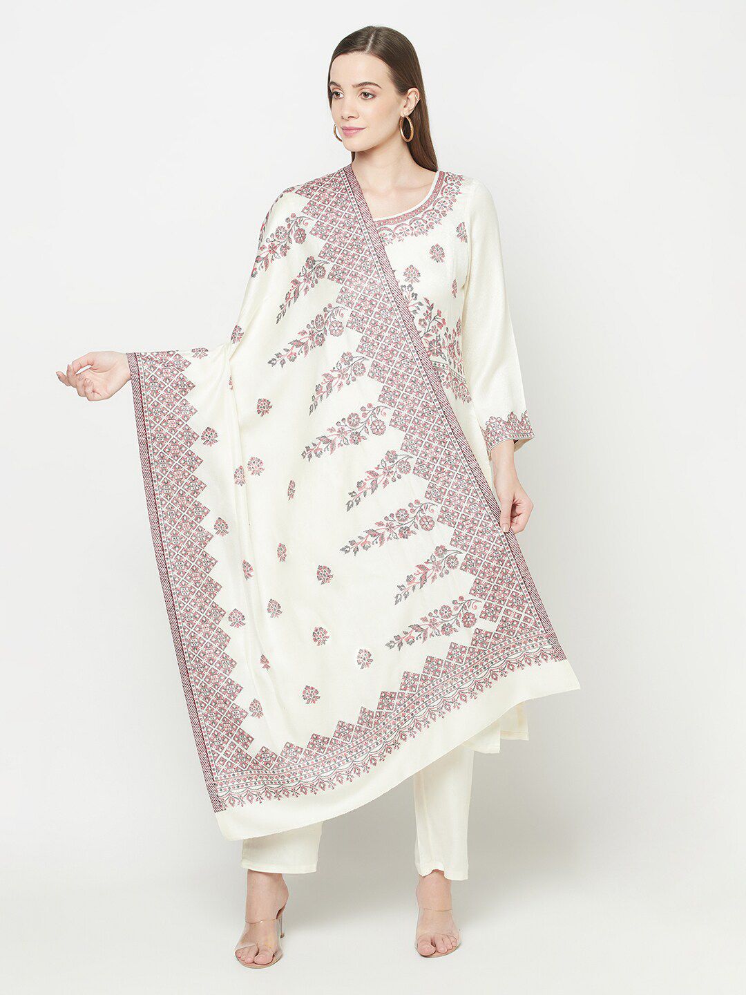 Safaa White & Pink Acro Wool Unstitched Dress Material Price in India