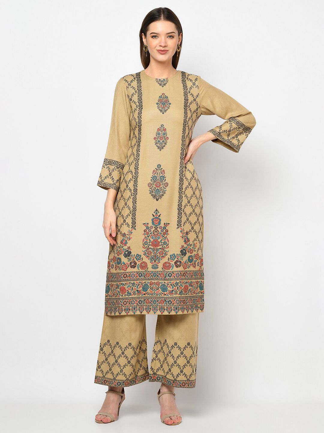 Safaa Brown & Blue Woven Design Acro Wool Unstitched Dress Material Price in India