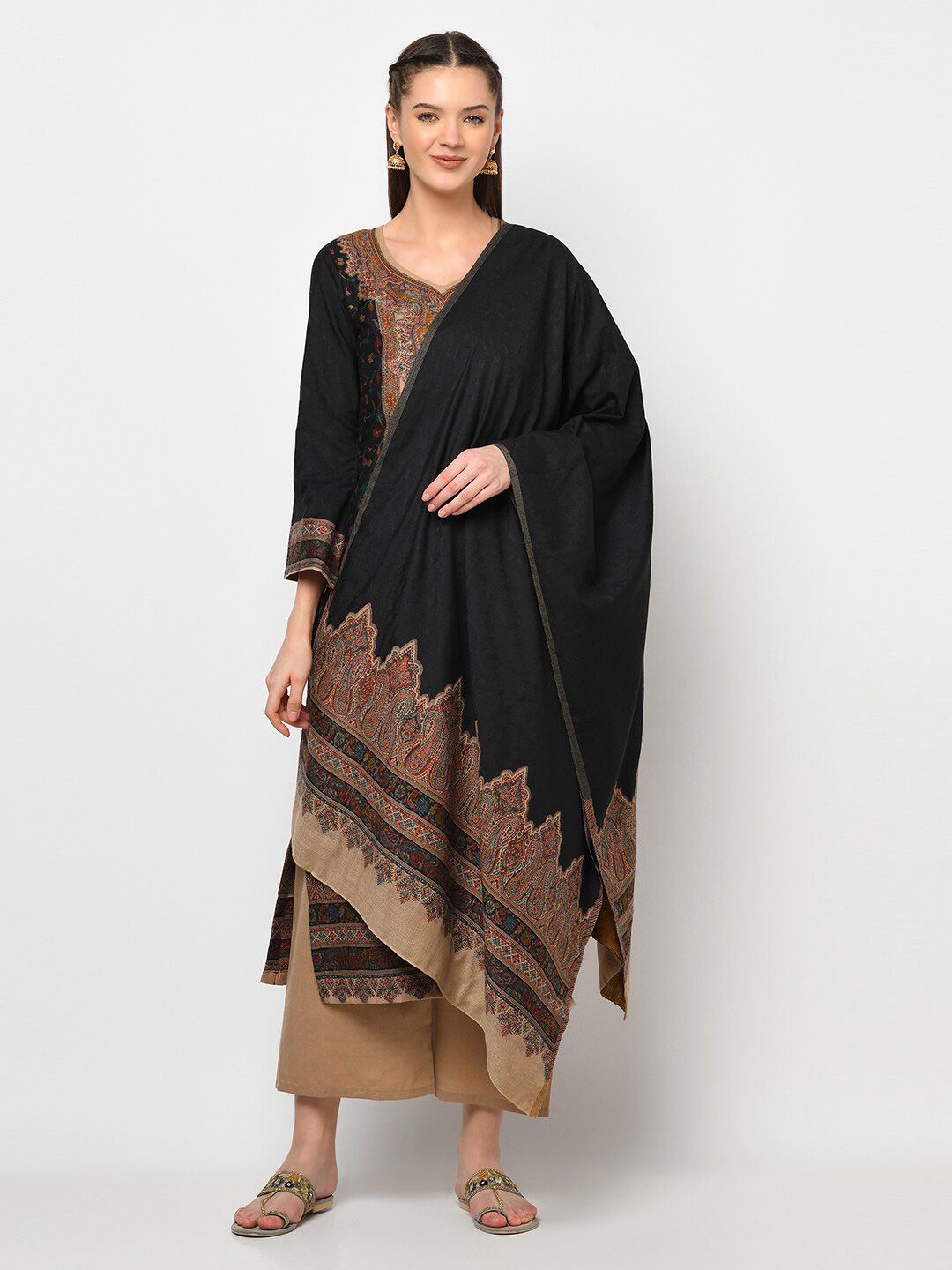 Safaa Women Black & Beige Floral Woven Designed Unstitched Dress Material Price in India