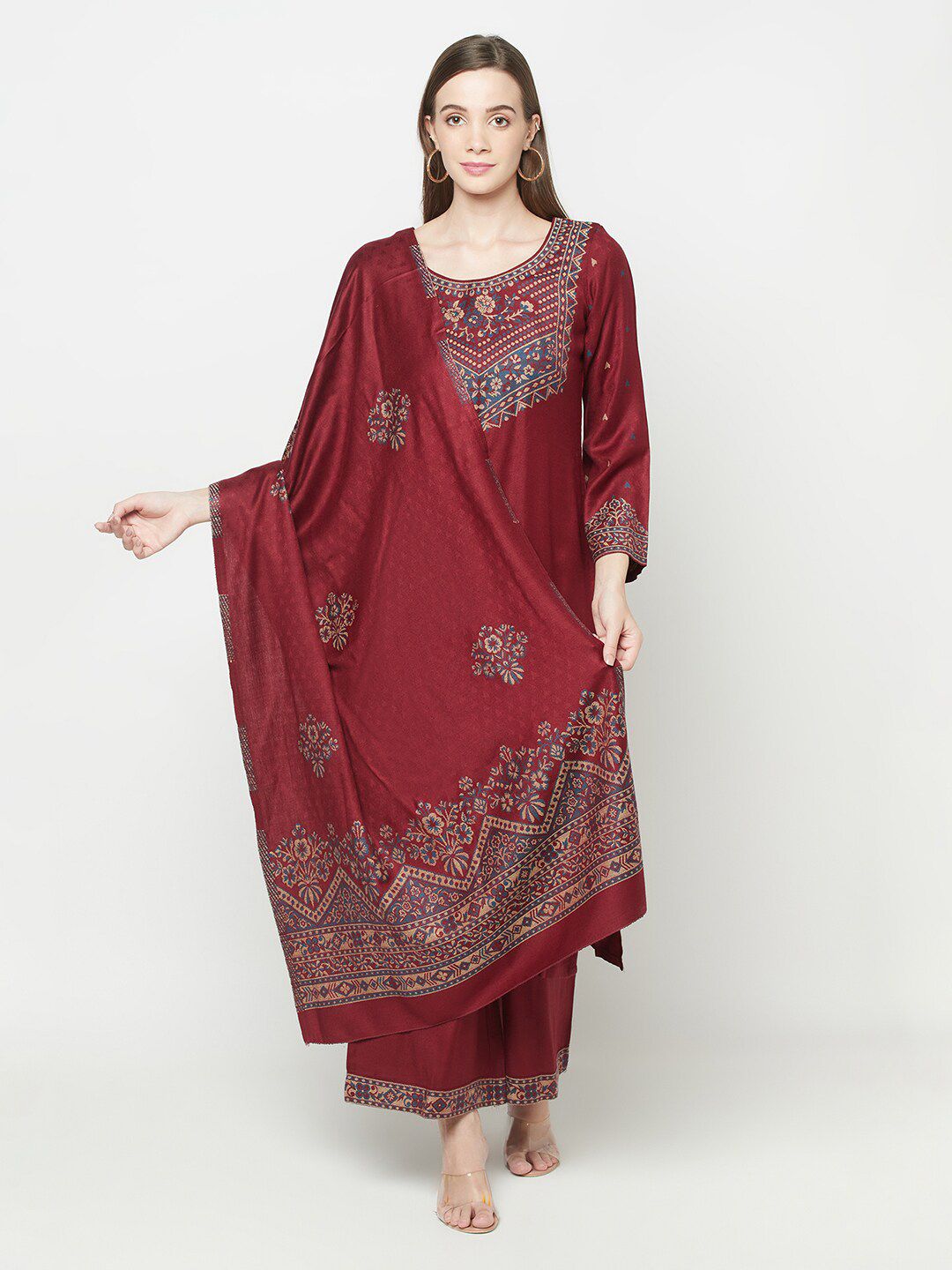 Safaa Maroon & Blue Acro Wool  Unstitched Dress Material Price in India