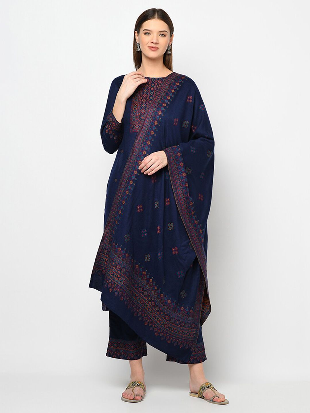 Safaa Navy Blue & Red Viscose Rayon Unstitched Dress Material Price in India